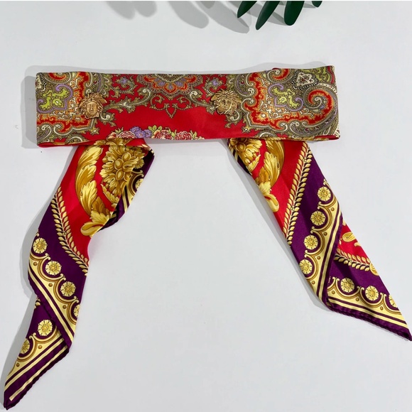 Vintage Gianni Versace Red & Gold Baroque Silk Belt with Medusa Medallions - Picture 6 of 8
